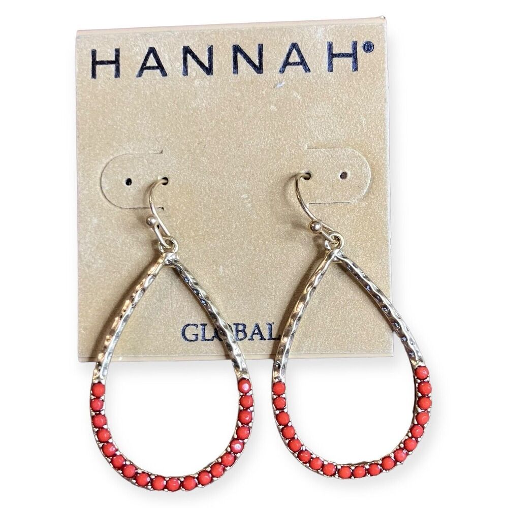 Hannah Red Accent Pierced Open Teardrop Dangle Hoops‎ Hook Earrings 2" NWT